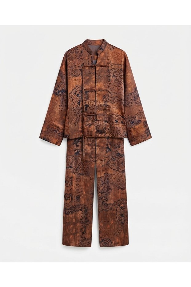 Coffee-Colored Satin Suit with Front Knots