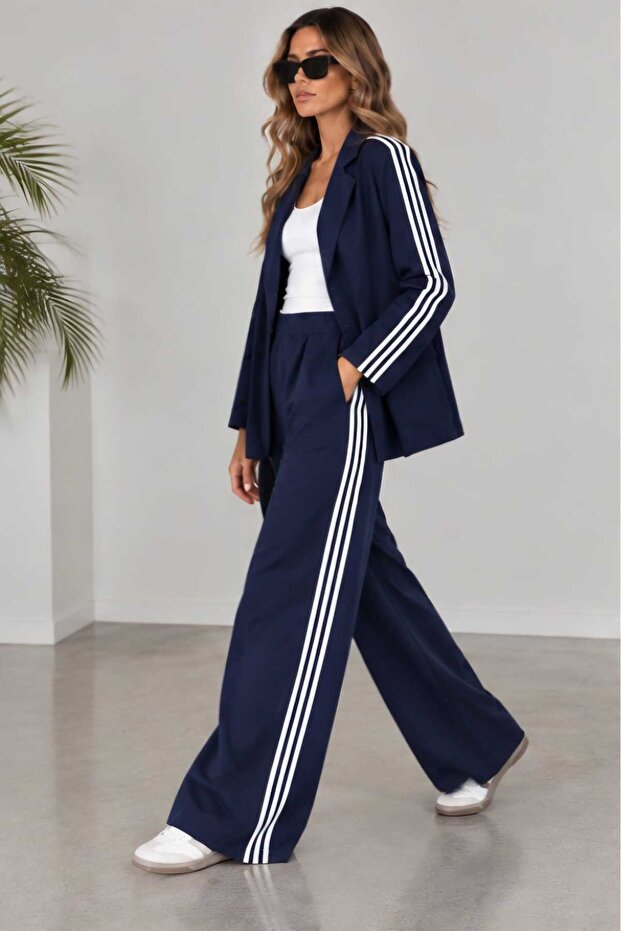 Buketli̇ Women's 3-Stripe Knitted Steel Fabric Jacket and Pants Two-Piece Set