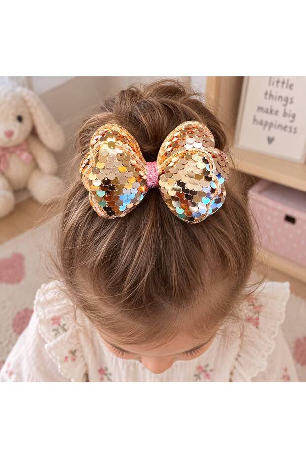 Sequined Large Bow Children's Hair Clip - Gold