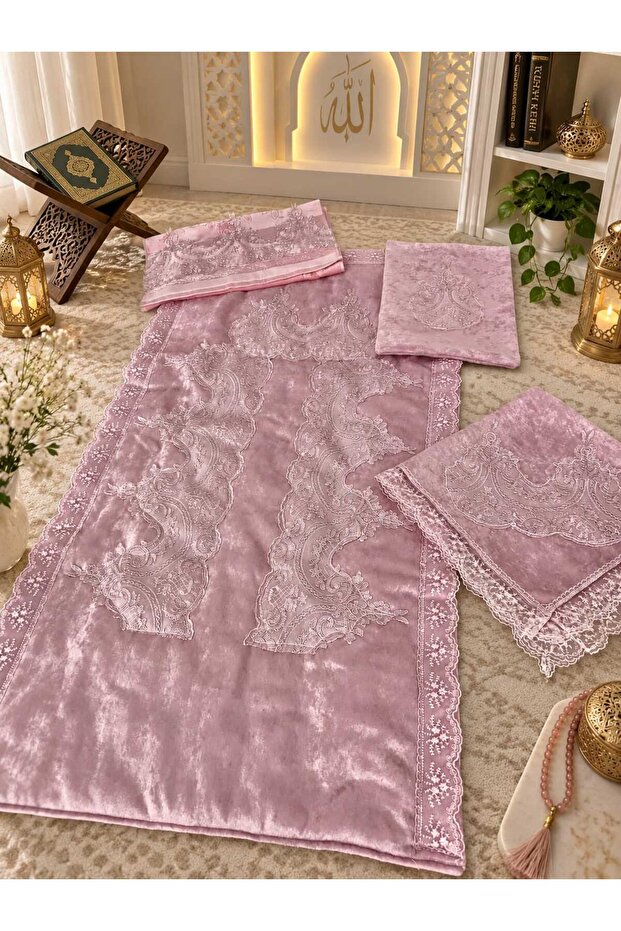Velvet Prayer Rug Set Powder 4 Piece French Laced Bundle Set