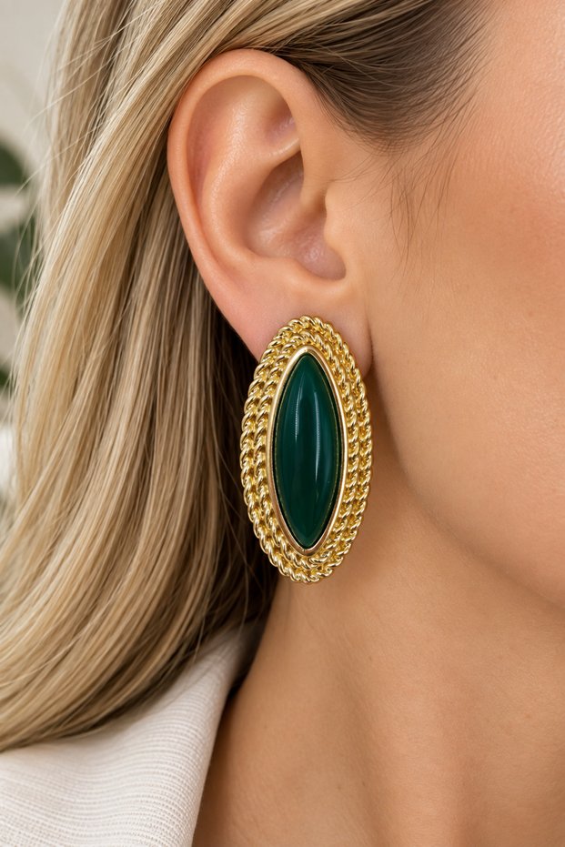 Gold Color Vintage Green Detailed Earrings