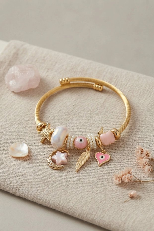 Moon Star and Heart Model Pink Charm Women's Bracelet Tj-Bb8757