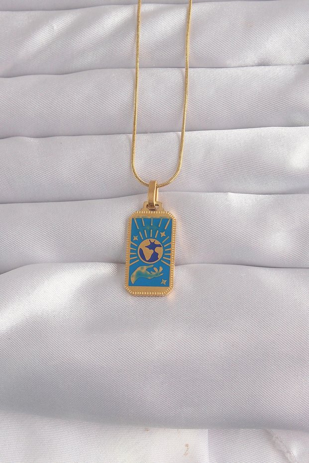 316L Steel Gold Color Blue Enamel Hand Figured Tarot Pendant Tj-Bko9040