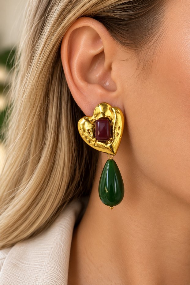 Vintage Gold Color Green Detailed Earrings