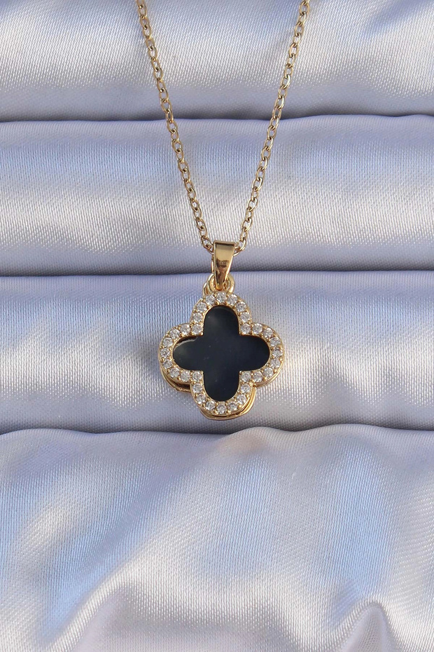 316L Steel Gold Color Black Enamel Zircon Stone Clover Figured Necklace Tj-Bko9198