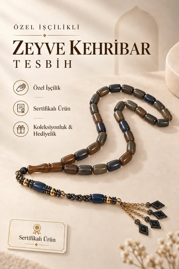 Specially Crafted Zeyve Amber Prayer Beads – Certified with Metal Tassel – Smoked Navy Blue