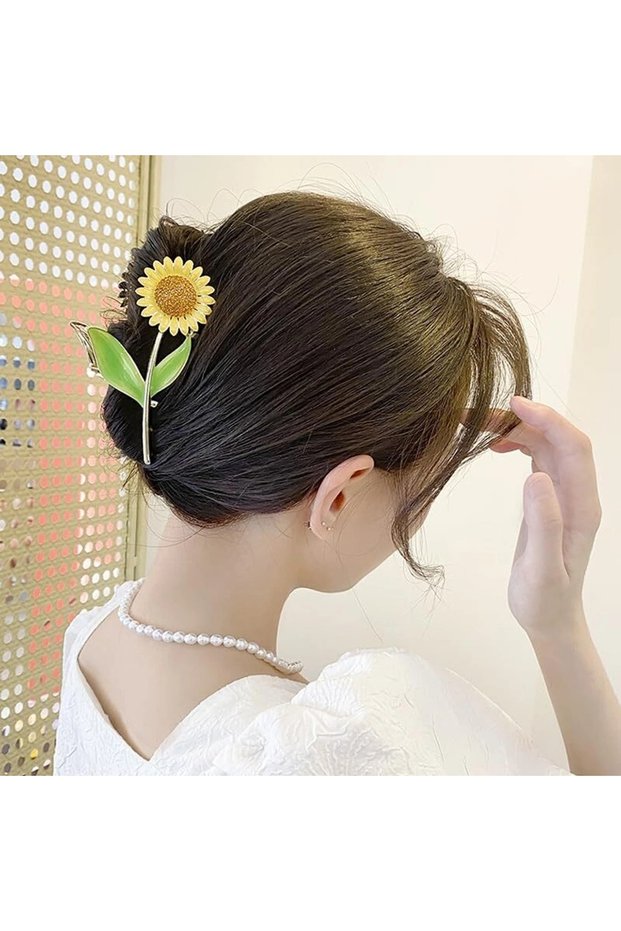 Luxury Sunflower / Günebakan Metal Hairpin with Stone and Enamel Hair Accessory Gold