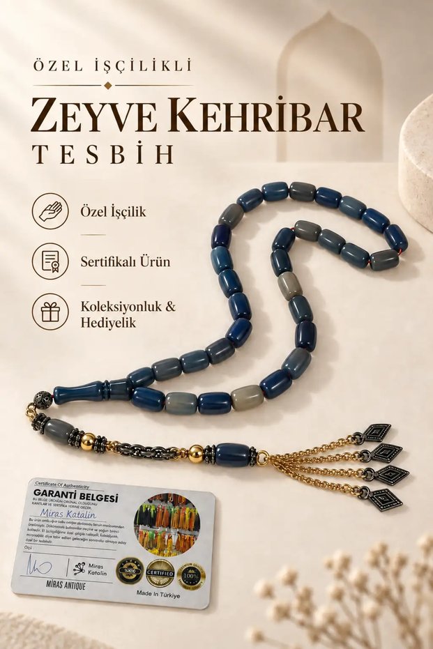 Specially Crafted Zeyve Amber Prayer Beads – Certified with Metal Tassel – Blue Gray Veined