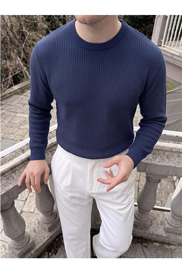 Men's Crew Neck Knitwear Self-Striped Knitwear Sweater
