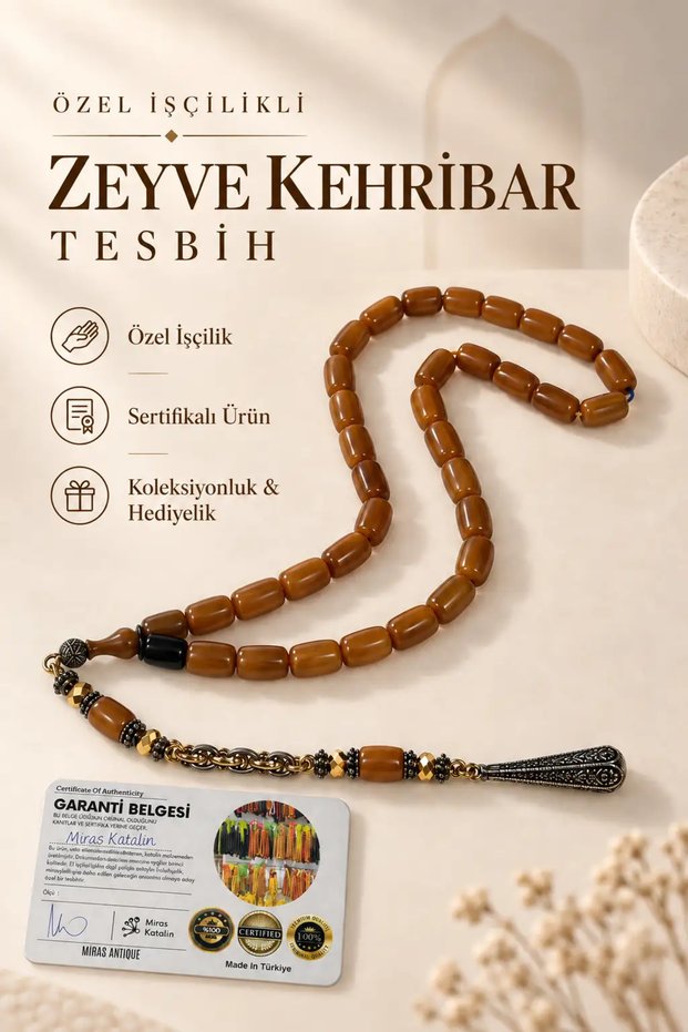 Specially Crafted Zeyve Amber Prayer Beads – Certified with Metal Tassel – Brown Veined