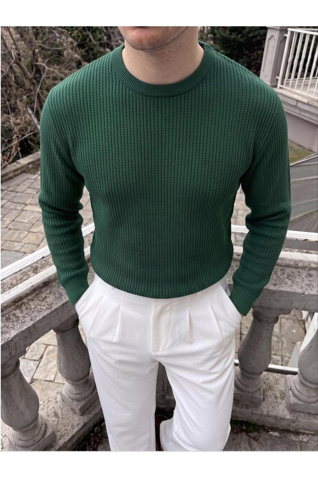 Men's Crew Neck Knitwear Self-Striped Knitwear Sweater