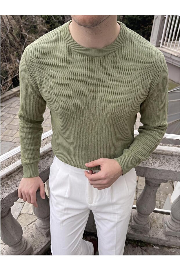 Men's Crew Neck Knitwear Self-Striped Knitwear Sweater