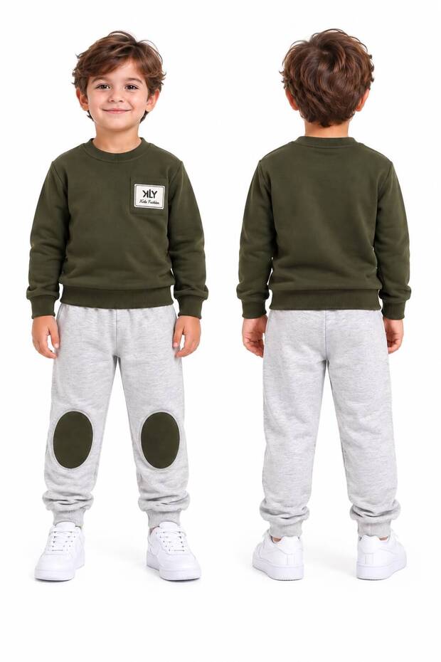 Boys' Crew Neck Sweatpants with Knee Patches and Pockets, Basic Tracksuit Set for Ages 1-5 W0126