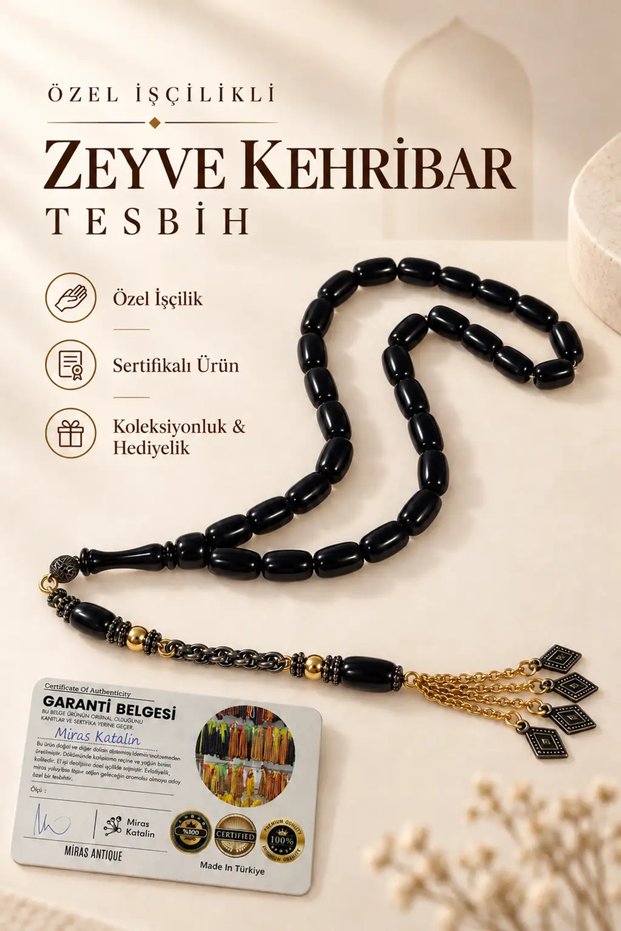 Specially Crafted Zeyve Amber Prayer Beads – with Certified Metal Tassel – Black