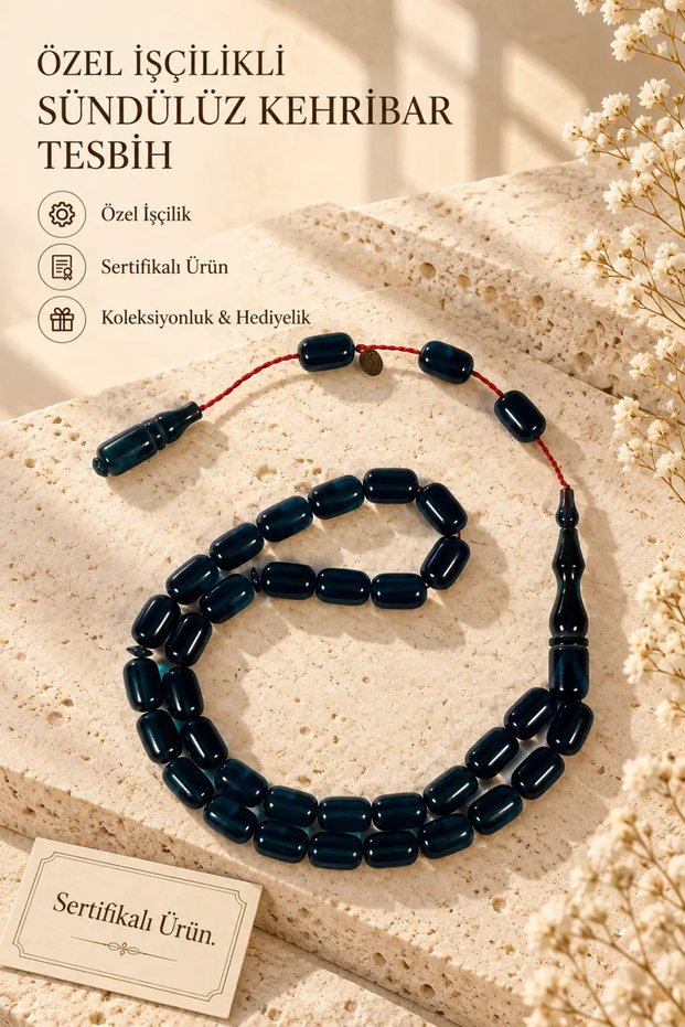 Sündülüz Amber Prayer Beads with Special Craftsmanship – Certified – Petrol Blue