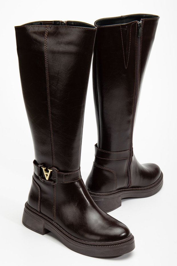 Vina Women's Brown Shiny Leather Boots with Buckle Detail