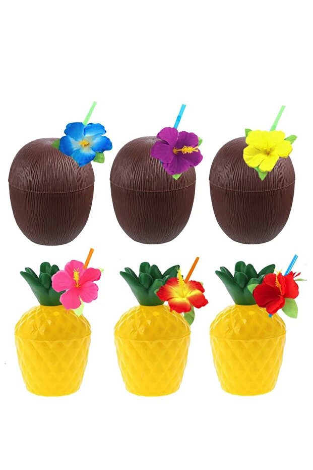 Pineapple & Coconut Design Glass with Straw Set (6 Pieces)