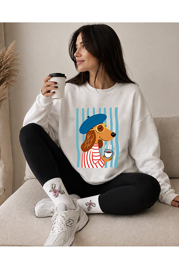 Unisex Men'S/Women's Mix Trend Printed Oversize Crew Neck Cotton White Sweatshirt