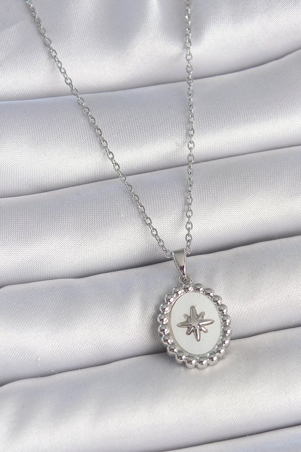 316L Steel Silver Color Chain White Enamel Pole Star Embroidered Medallion Model Women's Necklace Tj-Bko100