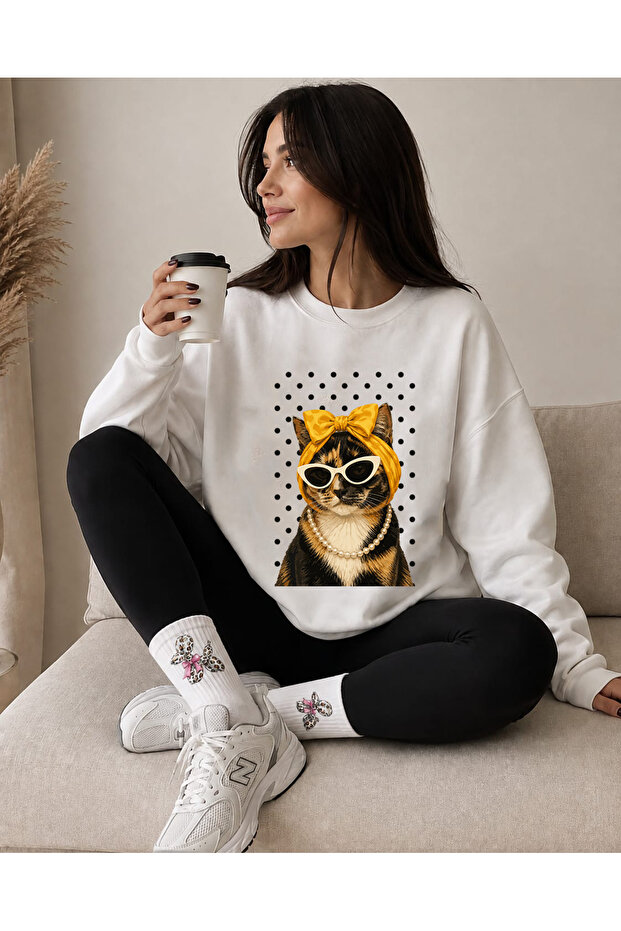 Unisex Men'S/Women's Mix Trend Printed Oversize Crew Neck Cotton White Sweatshirt