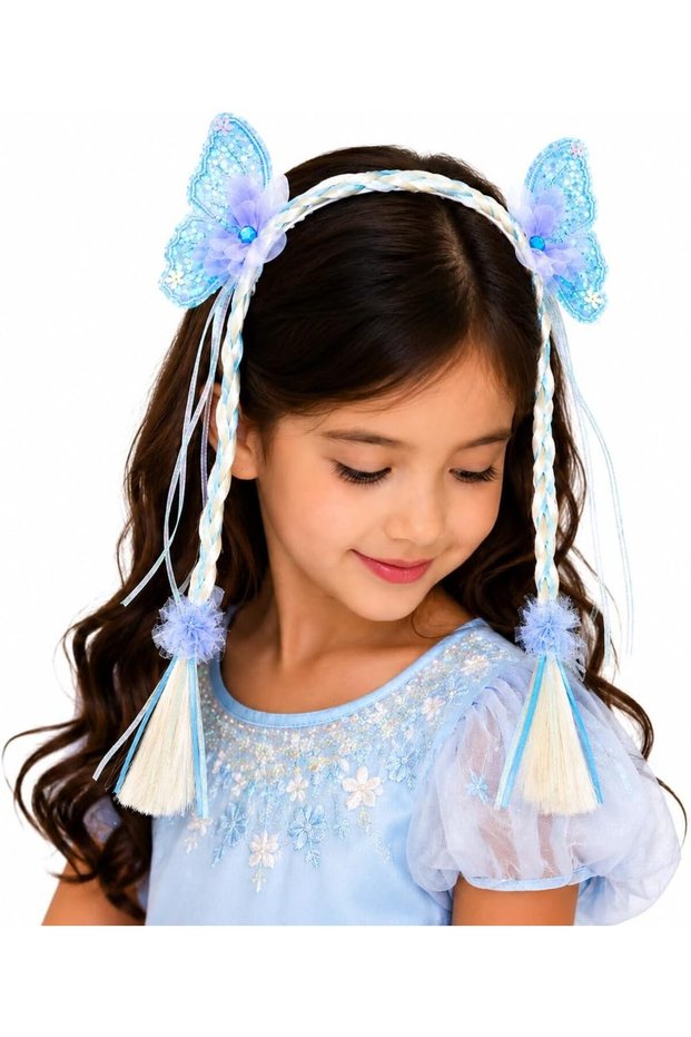 Girls Butterfly Headband with Braided Tassels, Princess Hair Accessories Sequin Butterfly Decor, Braided Braid Tails, Tassel Ends, Princess Hair Accessory, Multiple Colours