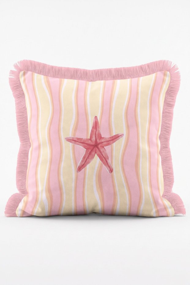 Starfish Patterned Pastel Wavy Striped Summer Themed Fringed Throw Pillow Cover