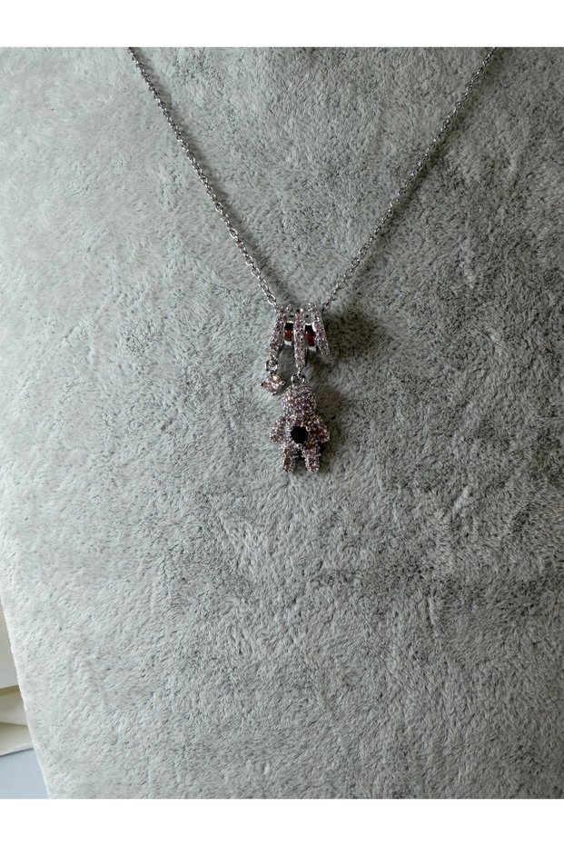 Steel Necklace with Teddy Bear Figure and Zircon Stone Model