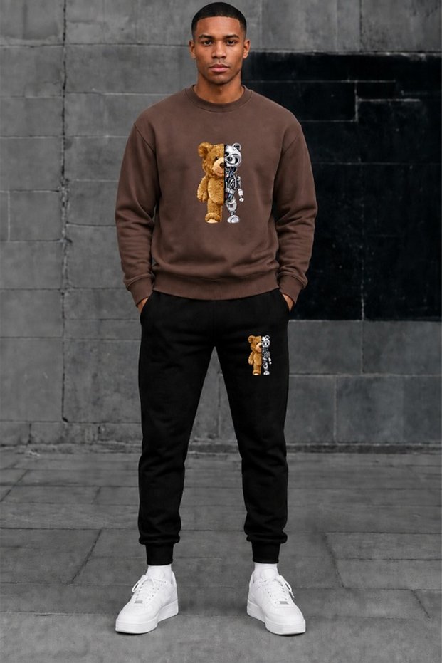 Unisex Winter Sweatshirt Two Threaded Tracksuit Set Oversize Casual Sportswear Robotic Bear Print