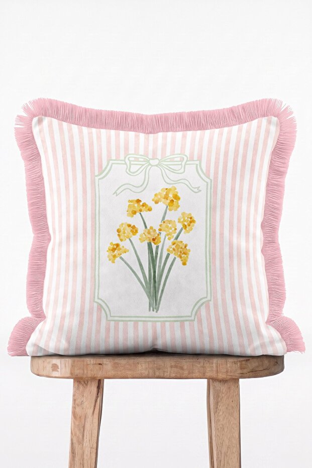 Ribbon Bloom Pink Striped Yellow Floral Patterned Fringed Decorative Throw Pillow Cover