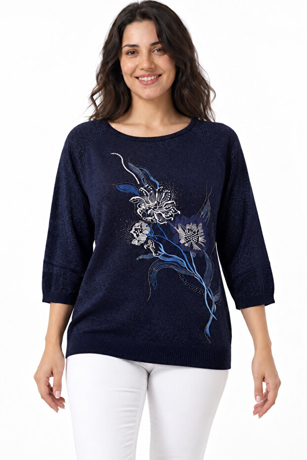 Women's Front Stone Detailed 4/3 Capri Sleeve Glittery Knitwear Blouse