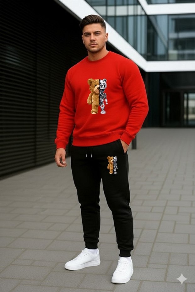 Unisex Winter Sweatshirt Two Threaded Tracksuit Set Oversize Casual Sportswear Robotic Bear Print