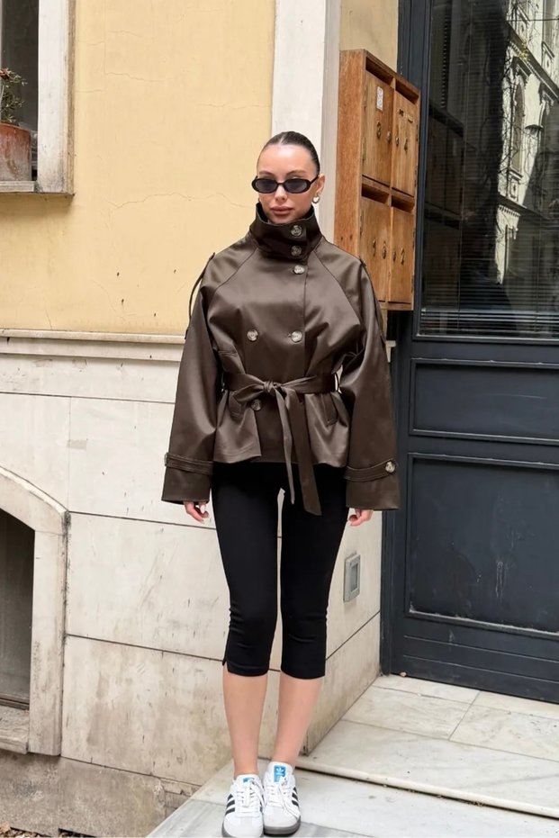 Women's Bsk High Collar Trench Coat with Back Windbreaker Detail