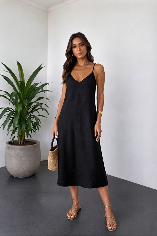 Women's Soft Modal V-Neck Thin Strap Casual Basic Long Dress