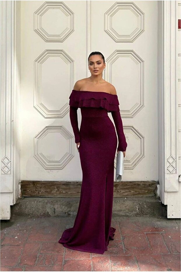 Stretchy Glittery Strapless Evening Dress Fabric Dress with Flounces