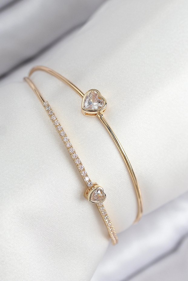 Brass Zircon Stone Heart Model Gold Color Women's Bracelet Tj-Bb7869