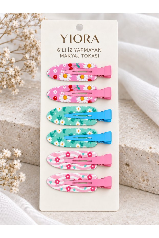 Set of 6 Colorful Floral Patterned Non-Marking Hair Clips for Makeup and Skin Care