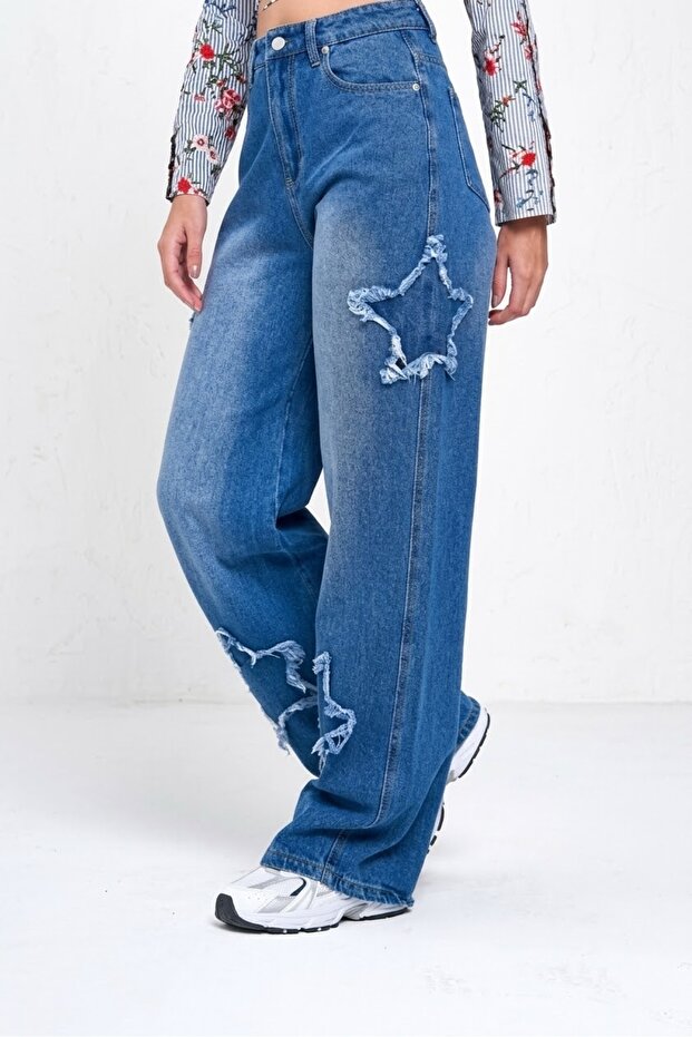 Star Detail Wide Leg Relax Unisex Tech Pants Blue Stars Patch Pants