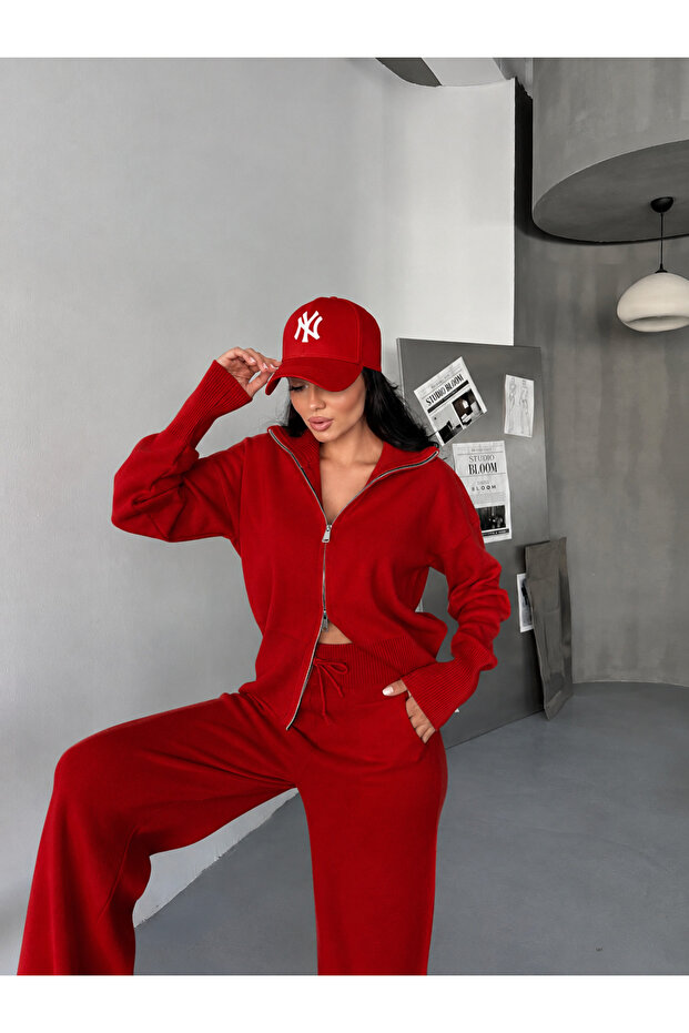 Women's Zippered Cardigan and Pants Knitwear Set