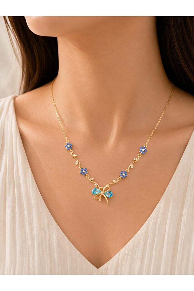 Anti-Tarnish Gold-Tone Necklace with Blue Floral & Butterfly Pendant