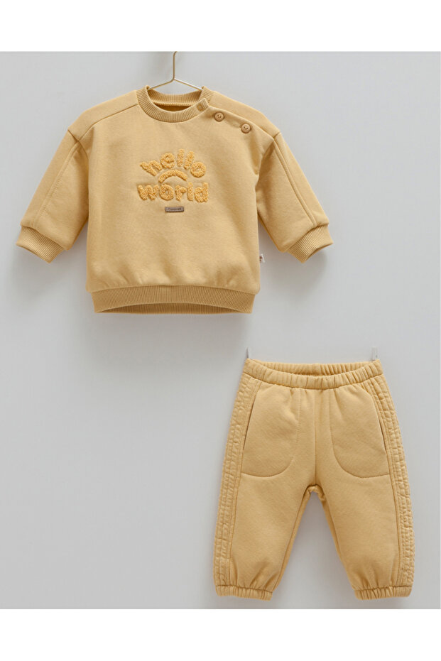 İncibaby Hello World Cotton Pocketed Shoulder Buttoned 3 Yarn Winter Baby Boy 2-Piece Set