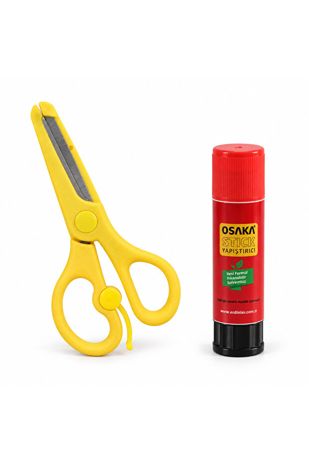 Children's Scissors Yellow – Protected Blunt Tip Spring Steel Blade Scissors and 9 Gr Stick Adhesive Set