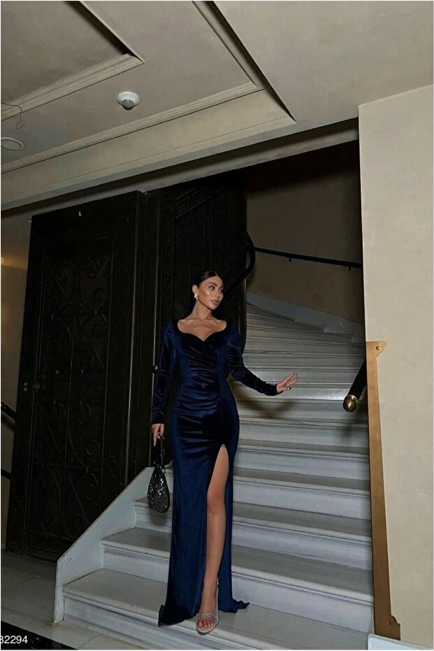 Velvet Slit V Fabric Dress with Collar and Long Sleeves