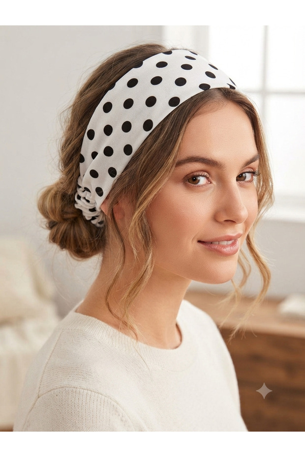 Black and White Polka Dot Cotton Viscose Elastic Hair Band / Crown
