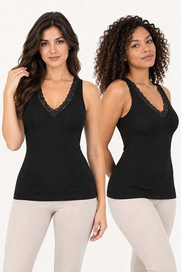 Women's 2-Piece Modal Camisole Lace Detailed V-Neck Undershirt Set Flexible Daily Underwear