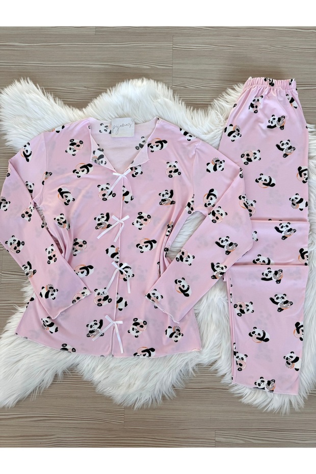 Cute Panda Patterned Bow Detail Soft Feel Long Sleeve Knitted Pajama Set