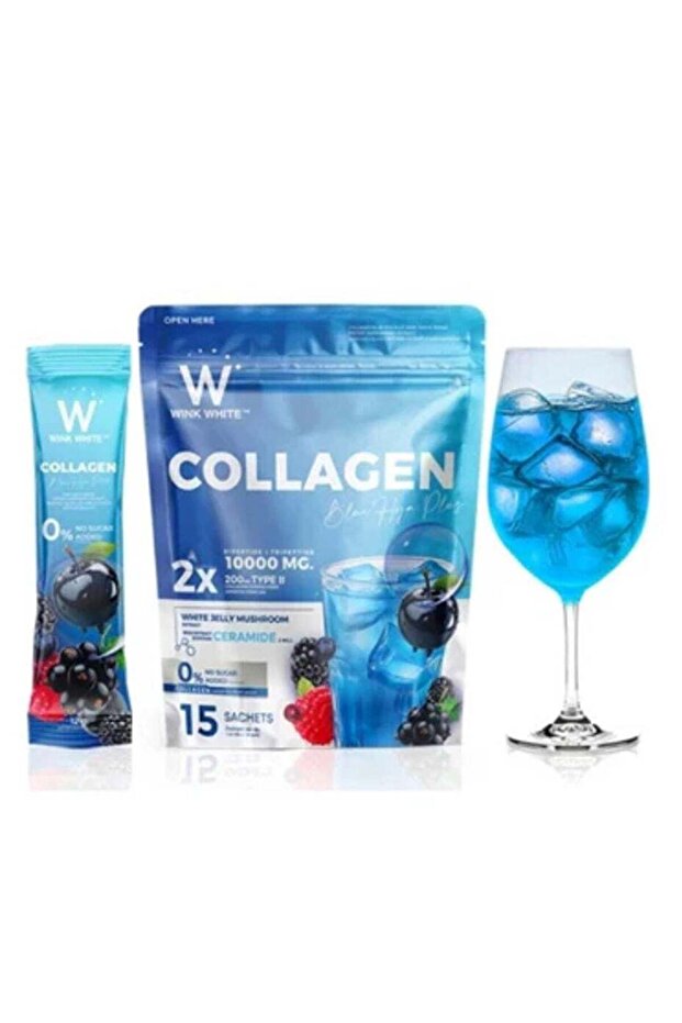 Collagen Blue Hya Plus – 10,000mg Collagen + Ceramide, White Jelly Mushroom Formula – Skin Glow & Anti-Aging Drink – 15 Sachets