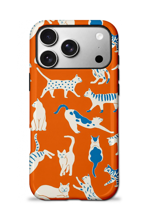 iPhone 17 Pro Compatible - White Patterned Cats, Double Layer Cover, Glossy Surface Protective Case
