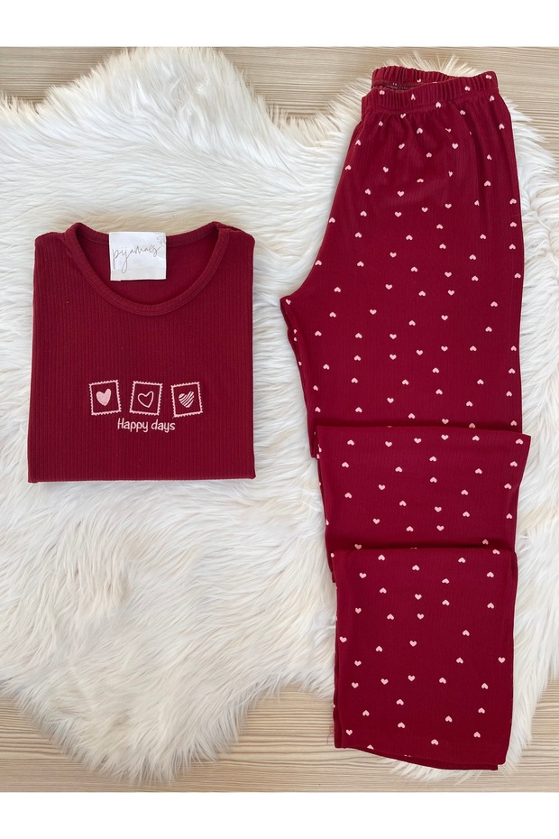 Burgundy Heart Patterned Ribbed Soft Touch Long Sleeve Pajama Set