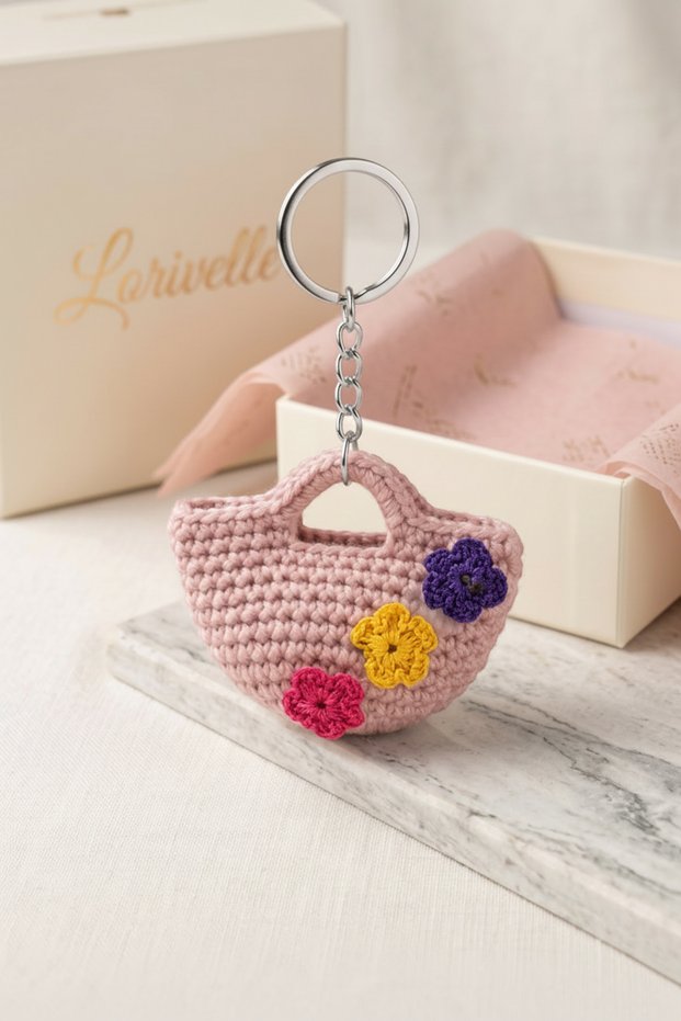 Handmade Floral Knitted Mini Bag Keychain - Silver Ring