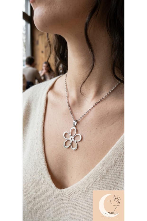 Linear Flower Figured Necklace – Silver Color Tarnish Resistant Steel Geometric Minimal Women's Necklace